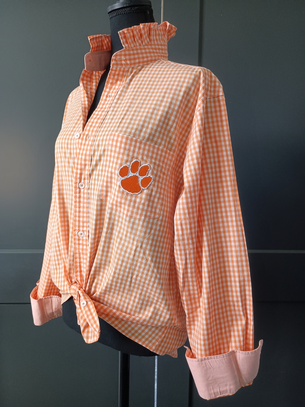 Upcycled Women's Clemson Ruffle Collar Shirt #104